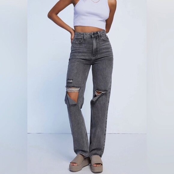 PacSun 24 90s Boyfriend Women’s Jeans Washed Black Distressed Flaw-Belt Loop - Picture 1 of 12